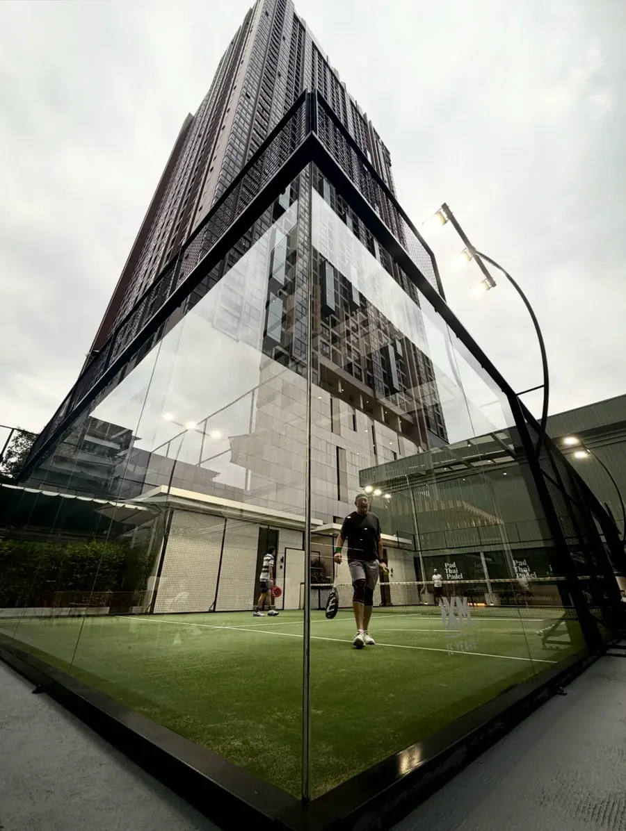 Glass court below a Bangkok tower